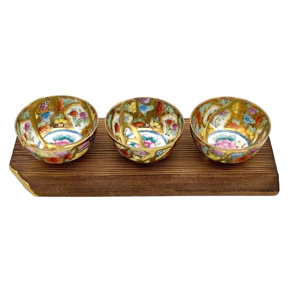 Kintsugi Cups Chinese Eggshell Mini Floral Gold Crack Art Personal Growth Gift - Picture 7 of 14